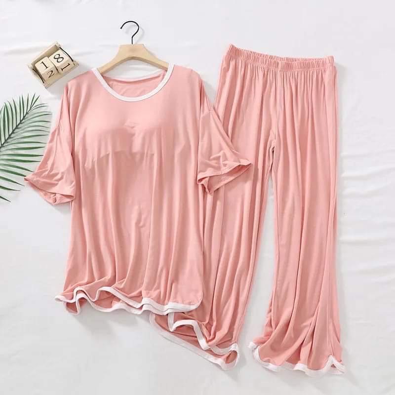 Comfortable Cotton Jersey Night Suit - 2 Pcs Set in Pink