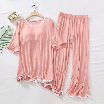 Comfortable Cotton Jersey Night Suit - 2 Pcs Set in Pink